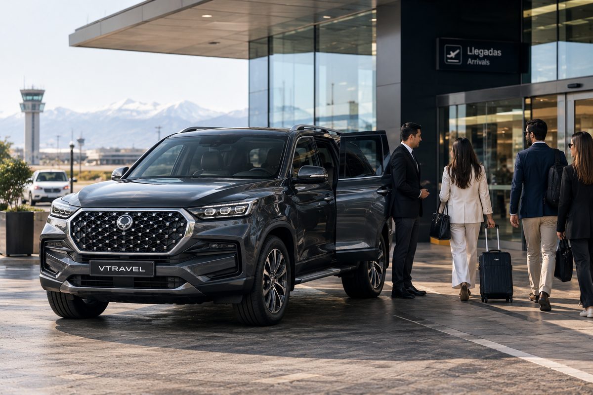 SUV Vtravel esperando pasajeros en la llegada del aeropuerto de Santiago