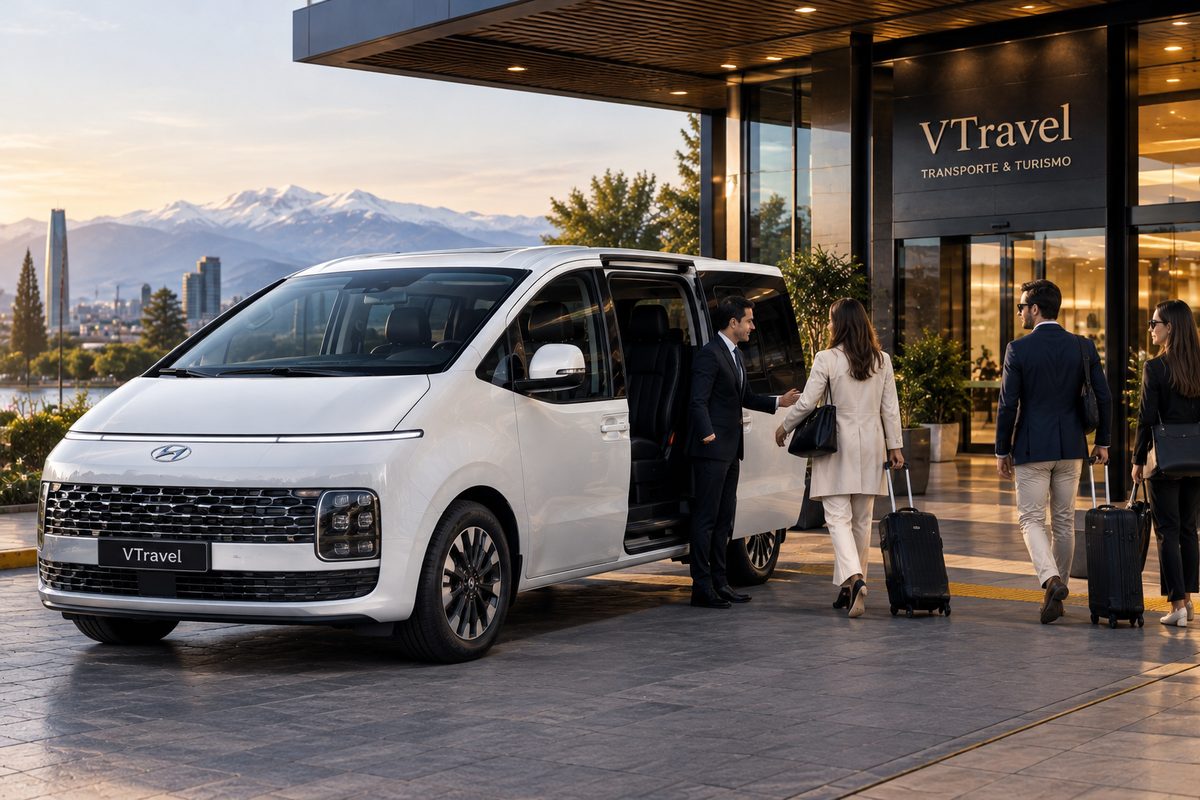 Van Ejecutiva Vtravel con pasajeros y equipaje frente a un hotel en Santiago